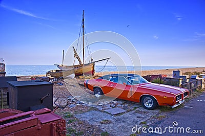 Classic car with fishing boat Stock Photo