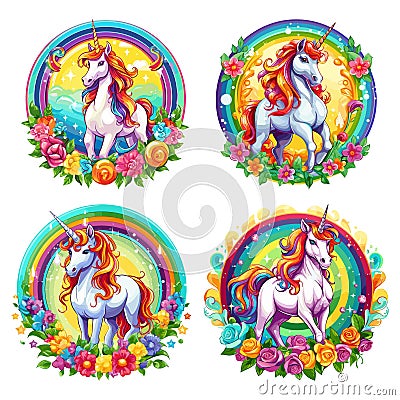 Classic cartoon unicorn set. Unicorns with lush golden mane in vignette of flowers and rainbow design, cute vector Vector Illustration