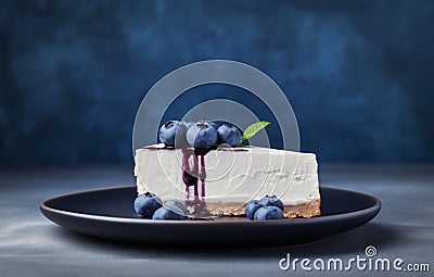 A classic cheesecake slice topped with fresh blueberries on a dark plate over blue background with copy space Stock Photo