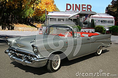 1957 Chevrolet Bel Air convertible in front of diner Editorial Stock Photo