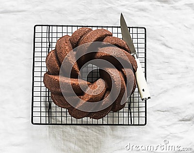 Classic chocolate pound cake on a baking rack on a white background, top view Stock Photo