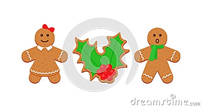 Classic Christmas cookies. Gingerbread man, woman and holy. Xmas biscuit isolated on white background Vector Illustration