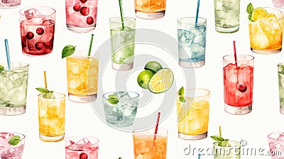 Classic Cocktails Watercolor Style Seamless Pattern AI Generated Cartoon Illustration