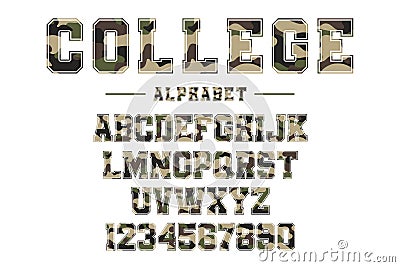 Classic college font with camouflage texture. Vintage sport font in american style Vector Illustration
