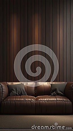 Classic comfort Brown leather couch enhances room with wooden wall Stock Photo