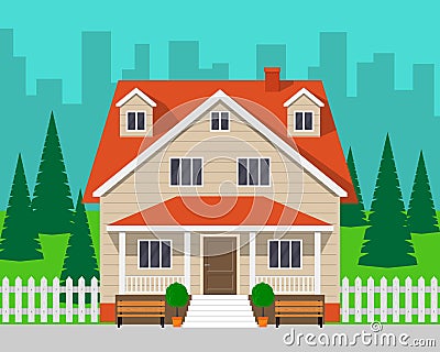 Classic cottage house with trees and road. Private house and city on background. Vector illustration, flat style. Cartoon Illustration