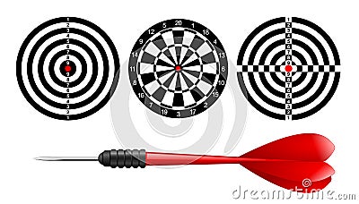 Classic dart board target set and darts red arrow isolated on white background. Vector Illustration. Black and white dartboard Vector Illustration