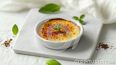 A classic dessert, creme brulee, elegantly presented on a white surface Stock Photo