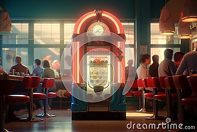 Classic diner scene with a jukebox and patrons. Generative ai Stock Photo