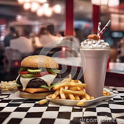 A classic diner scene with a milkshake, burger, and fries on a checkered tablecloth4 Stock Photo