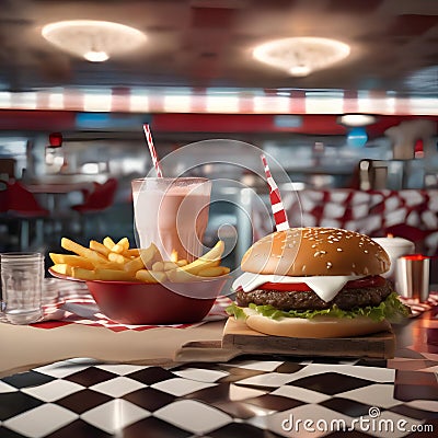 A classic diner scene with a milkshake, burger, and fries on a checkered tablecloth1 Stock Photo