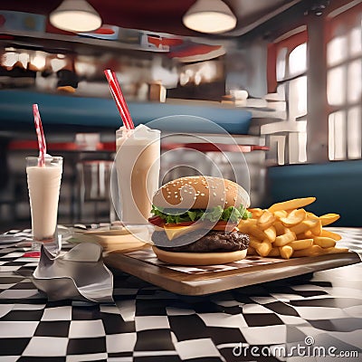 A classic diner scene with a milkshake, burger, and fries on a checkered tablecloth3 Stock Photo