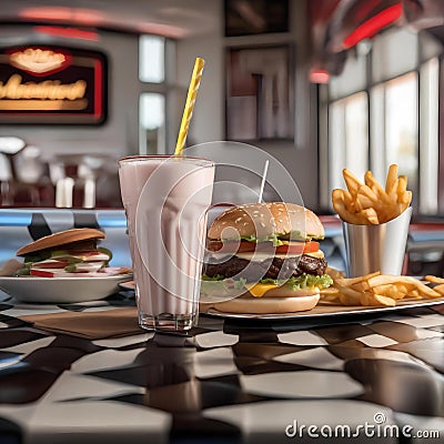 A classic diner scene with a milkshake, burger, and fries on a checkered tablecloth1 Stock Photo
