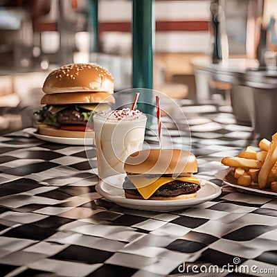 A classic diner scene with a milkshake, burger, and fries on a checkered tablecloth2 Stock Photo