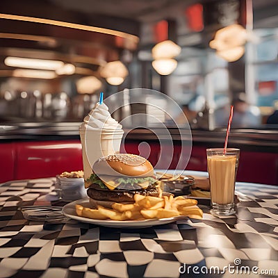 A classic diner scene with a milkshake, burger, and fries on a checkered tablecloth2 Stock Photo