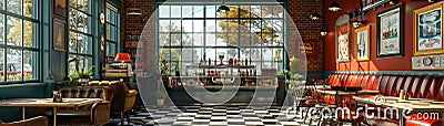 Classic diner with a soda fountain and checkerboard floor3D render Stock Photo
