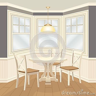 Classic dinning room with round table and chairs bay window Cartoon Illustration