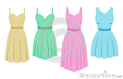 Classic dress set in flat style. Collection woman clothing. Pastel silhouette apparel. Different shapes of dresses Vector Illustration