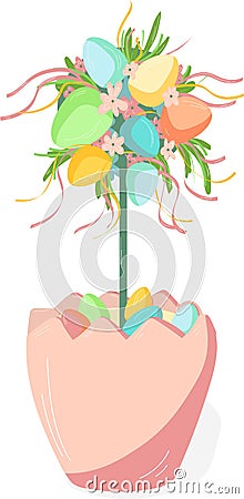 Classic easter decor. Flowerpot with flowers and Easter eggs, decoration for postcard, greeting cardc, print. Vector Illustration