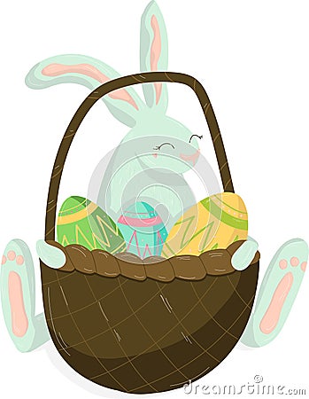 Classic easter decor. Easter rabbit with basket with Easter eggs, decoration for postcard, greeting cardc, print, hand draw. Vector Illustration