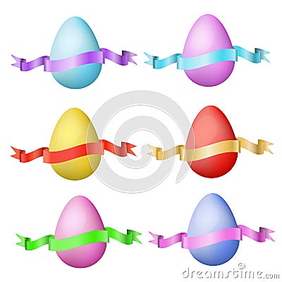 Classic easter eggs and silky ribbon. Isolated design elements for Easter holidays banner and greeting cards. Realistic vector ill Vector Illustration