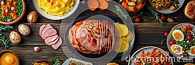 Classic Easter ham dinner. Top view table scene on a dark wood banner background. Ham, scalloped potatoes, eggs, hot Stock Photo