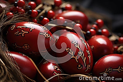 Classic Easter tradition: Red eggs featuring elegant white designs, symbolic preparations Stock Photo