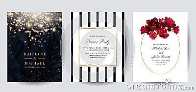 Classic elegant vertical vector design frames. Black and gold glitter garlands, black and white stripes square, red Vector Illustration