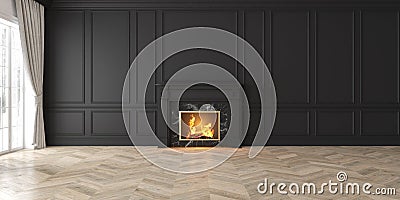 Classic empty black interior with fireplace, curtain, window, wall panels Cartoon Illustration