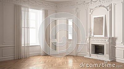 Classic empty room with big window, fireplace and herringbone wooden parquet floor, vintage white interior design Stock Photo