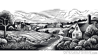 Classic English Countryside Idyllic Rural Landscape vector in engraving style Vector Illustration