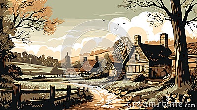 Classic English Countryside Idyllic Rural Landscape vector in engraving style Vector Illustration