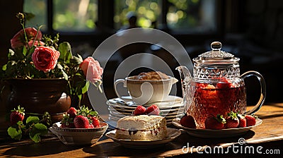 A Classic English Tearoom Featuring a Pot of Hot Steaming Tea Served with Freshly Baked Scones on Selective Focus Background Stock Photo