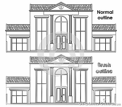 Classic facade house. Normal outline and brush outline. Vector Illustration