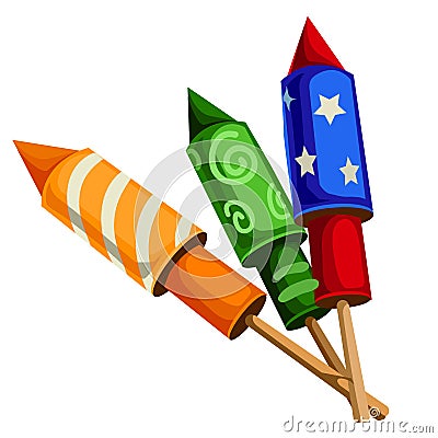 Classic festive firecrackers rockets with confetti Vector Illustration