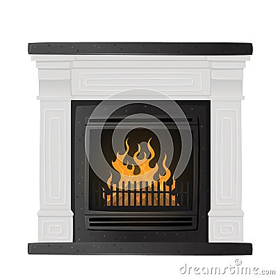Classic Fireplace, Burning Stove With Fire Inside and Iron Grate Isolated on White Background, Indoors Heating System Vector Illustration