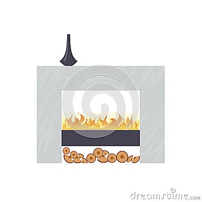 Classic fireplace made of natural stone, gypsum, with burning flame. Vector Illustration