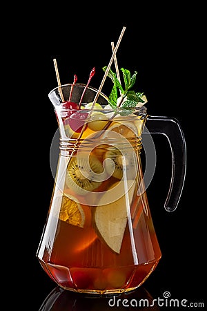 Classic fresh juices from fruits and vegetables on a black background in glass cups, cocktails. Drinks with bottom ejection. Stock Photo