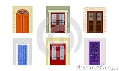 Classic front doors set. Wooden house entrances vector illustration Vector Illustration