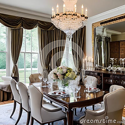 A classic, Georgian-style dining room with a formal table, antique sideboard, and crystal chandelier5, Generative AI Stock Photo