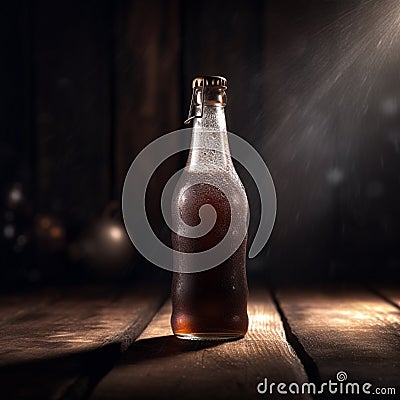 Classic glass bottle of dark brown soda with frosted condensation layer Stock Photo