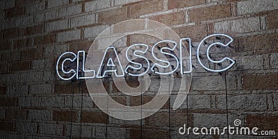 CLASSIC - Glowing Neon Sign on stonework wall - 3D rendered royalty free stock illustration Cartoon Illustration