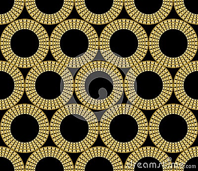 Classic gold patterns with 3d effect on black background, seamless ornament in damask style, golden circle shape on Vector Illustration