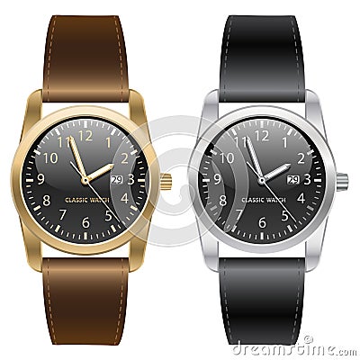 Classic gold and silver wrist watch. Brown and black strap on white background vector. Vector Illustration