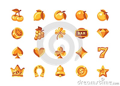 Classic gold slot machine symbol collection. Casino flat icons Vector Illustration