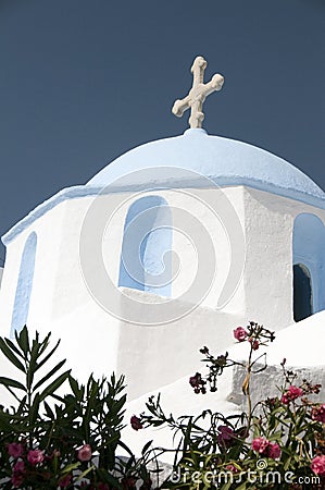 Classic greek island church with blue dome Stock Photo