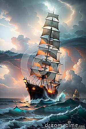 The Classic Historical Ship's Bold Progress through a Stormy Sea and a Turbulent Cloudy Sky. AI generated Stock Photo