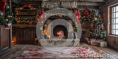 Classic holiday scene with fireplace ornaments and cozy nook in chalet. Concept Holiday Decor, Cozy Fireplace, Rustic Chalet, Stock Photo