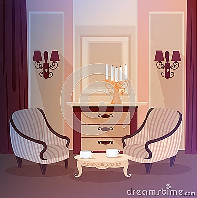 Classic Home Interior of Living Room with a Candlestick Vector Illustration