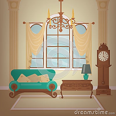 Classic Home Interior of Living Room with a Chandelier Vector Illustration